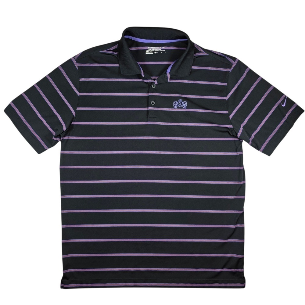 Nike Golf Tour Performance Dri-Fit Black Purple Stripe Polo Shirt Men's L LOGO